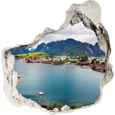 3D wandsticker gat in de muur Een pittoreske baai in Noorwegen