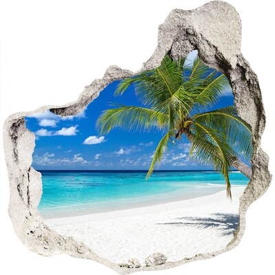 Zelfklevende muursticker 3D gat Tropisch strand met een palmboom