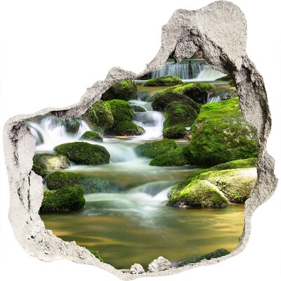 Zelfklevende muursticker 3D gat Waterval in het groene bos