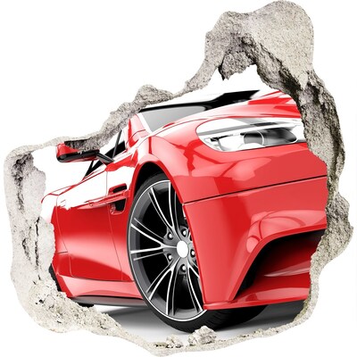 Zelfklevende muursticker 3D gat Rode sportwagen achter het gat in de muur