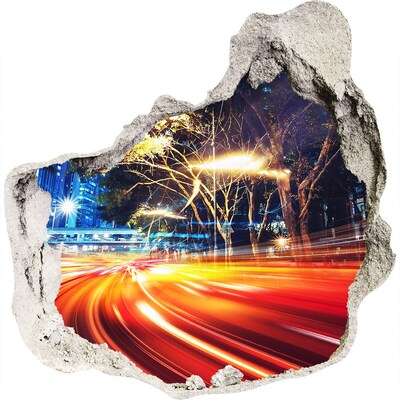 Zelfklevende muursticker 3D gat Een stad in beweging 's nachts