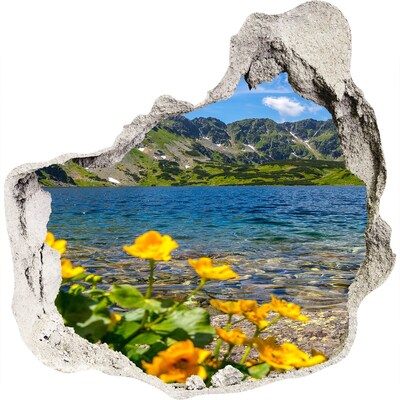 3D muursticker effect gat in de muur Berglandschap aan het meer
