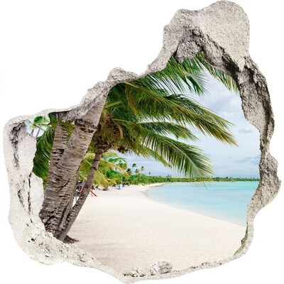 3D muursticker effect gat in de muur Tropisch strand met palmbomen