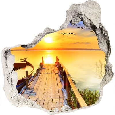 3D wandsticker gat in de muur Zonsondergang boven het meer