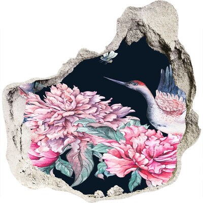 Zelfklevende muursticker 3D gat Bloementafereel met vogel