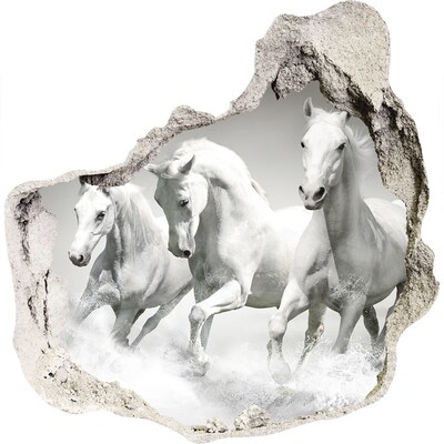 Zelfklevende muursticker 3D gat Witte paarden galopperen