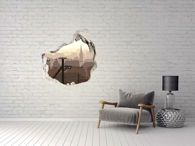 trapstickers natuur Uitzicht op de stad door een gat in de muur.