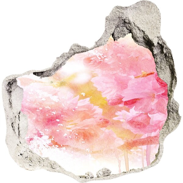 zelfklevende trapfolie Een bloemenlandschap achter een gat in de muur.