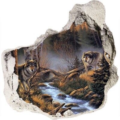 3D muursticker effect gat in de muur Wolven in het boslandschap