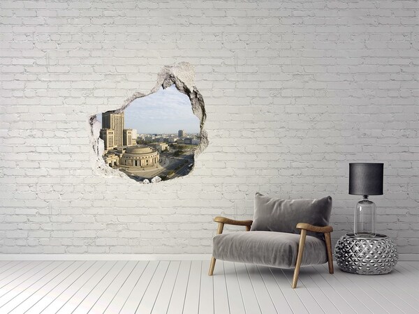 zelfklevende trapfolie Uitzicht op Warschau vanuit een gat in de muur.