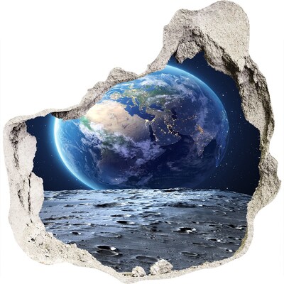 3D muursticker effect gat in de muur Uitzicht vanaf de maan op de aarde