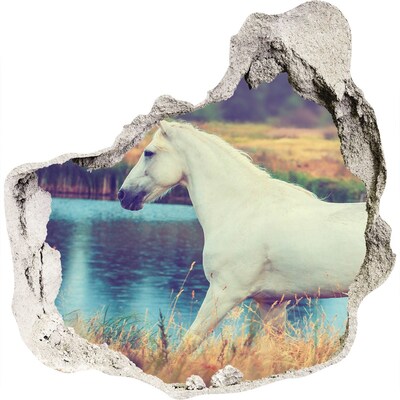 3D muursticker effect gat in de muur Wit paard bij het meer