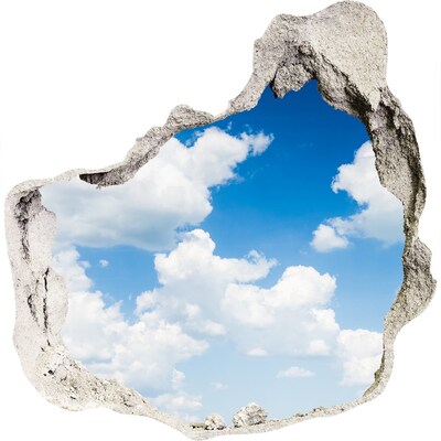 3D wandsticker gat in de muur Een hemel met wolken door een gat in de muur.