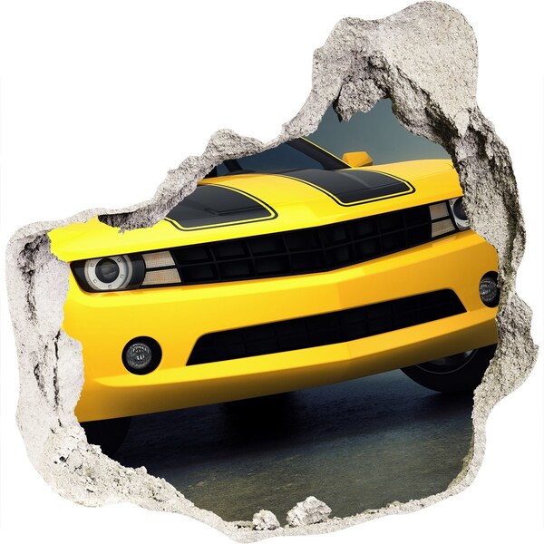 Dziura 3d fototapeta naklejka Zniszczony mur z żółtym samochodem