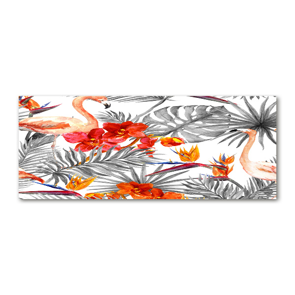 Foto obraz szkło akryl Flamingi i kwiaty