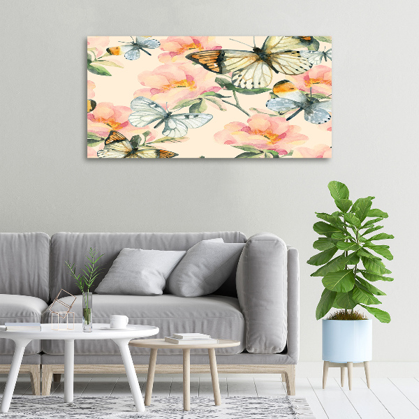 Canvas schilderij Vlinders en bloemen