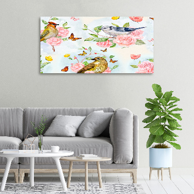 Duży Foto obraz na płótnie Ptaki i róże