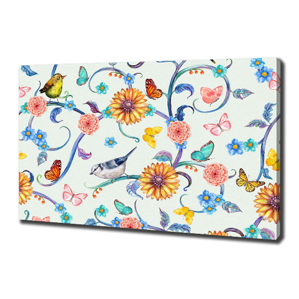 Canvas schilderij Bloemen en vogels