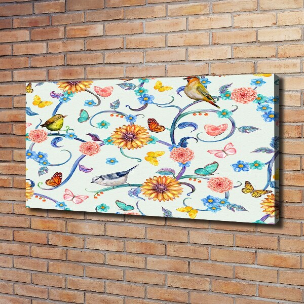 Canvas schilderij Bloemen en vogels