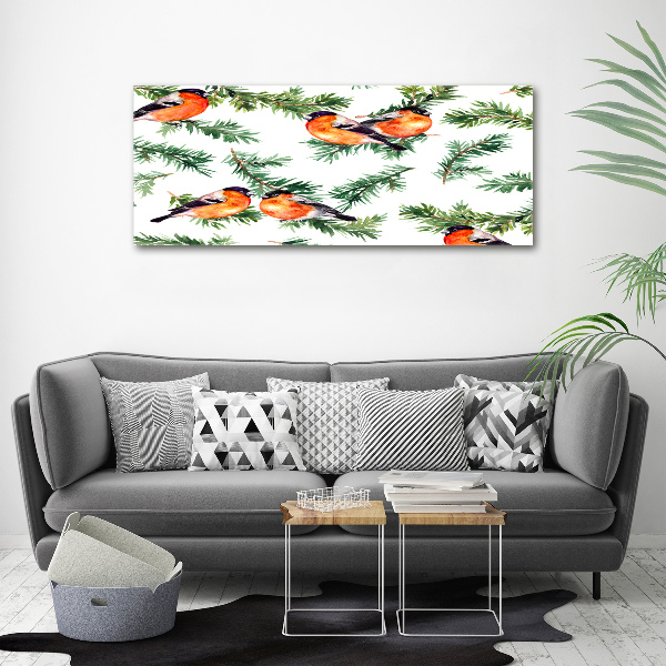 Canvas foto Roodborstje op een naaldboom