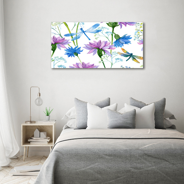 Schilderij op canvas Bloemen en libellen