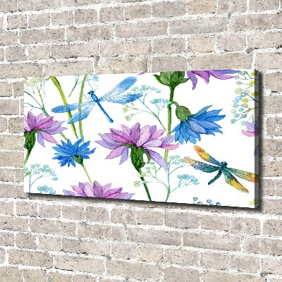 Schilderij op canvas Bloemen en libellen