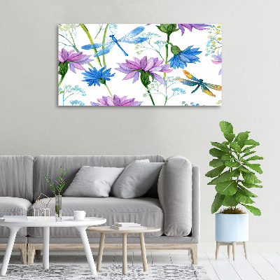 Schilderij op canvas Bloemen en libellen