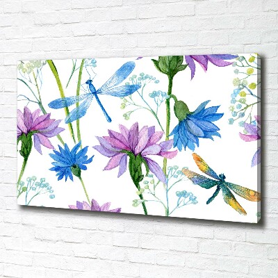 Schilderij op canvas Bloemen en libellen