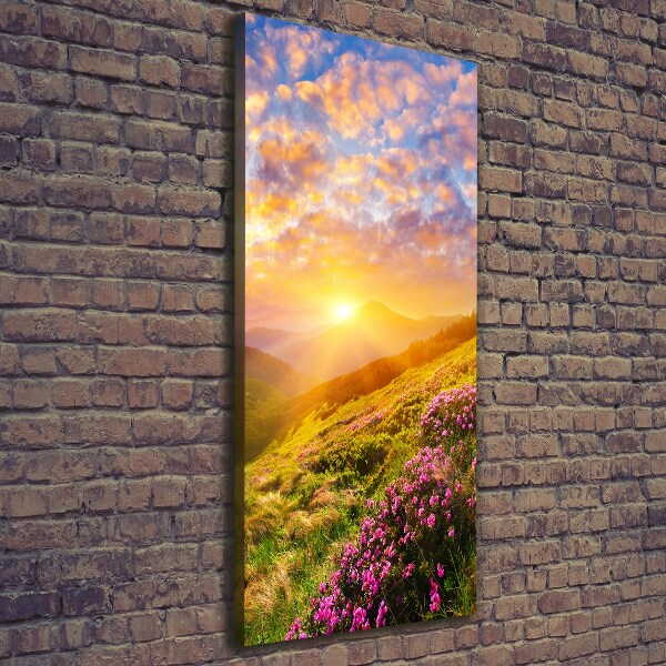 Verticaal schilderij op canvas Zonsondergang boven de bergen