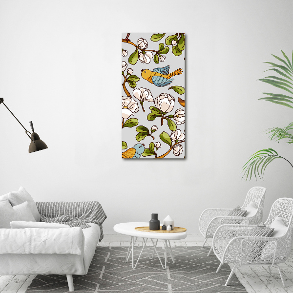 Verticaal schilderij op canvas Vogels en bloemen