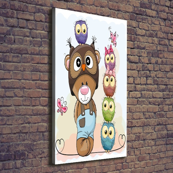 Verticaal canvasschilderij Teddybeer en uilen