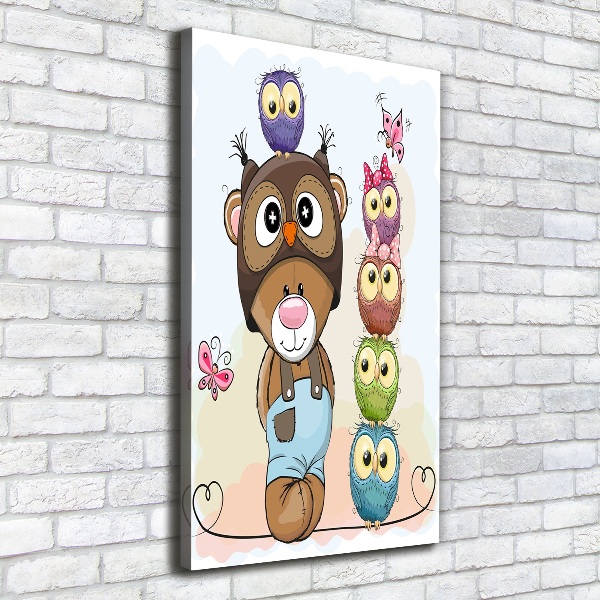 Verticaal canvasschilderij Teddybeer en uilen