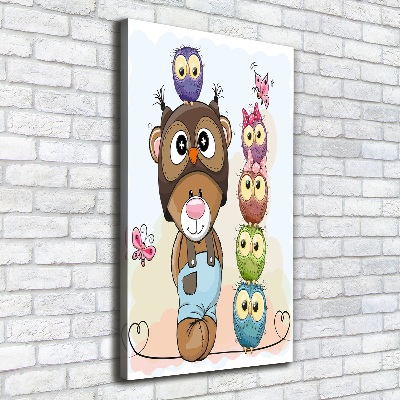Verticaal canvasschilderij Teddybeer en uilen