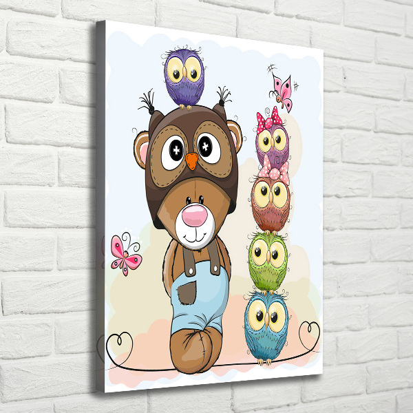 Verticaal canvasschilderij Teddybeer en uilen