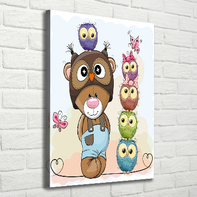 Verticaal canvasschilderij Teddybeer en uilen