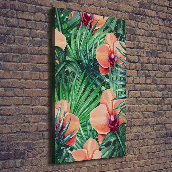 Verticaal schilderij op canvas Orchideeën en palmbomen