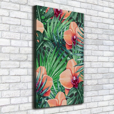 Verticaal schilderij op canvas Orchideeën en palmbomen