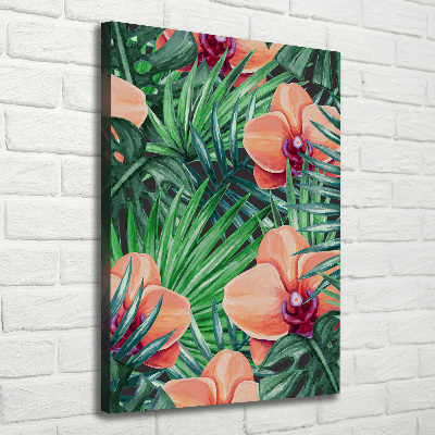 Verticaal schilderij op canvas Orchideeën en palmbomen
