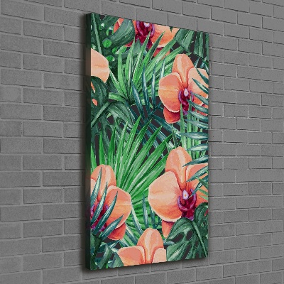 Verticaal schilderij op canvas Orchideeën en palmbomen