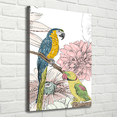 Verticaal canvasschilderij Papegaaien en bloemen