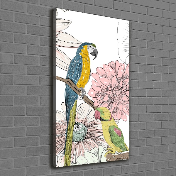 Verticaal canvasschilderij Papegaaien en bloemen