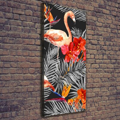 Verticaal schilderij op canvas Flamingo's en bloemen