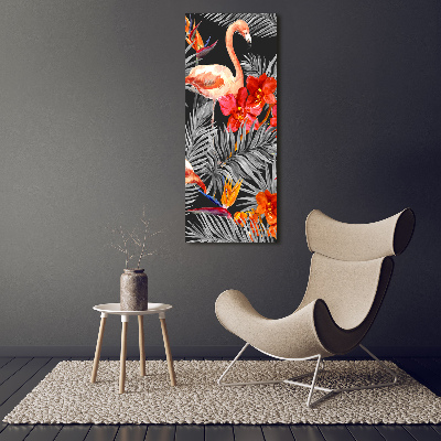Verticaal schilderij op canvas Flamingo's en bloemen