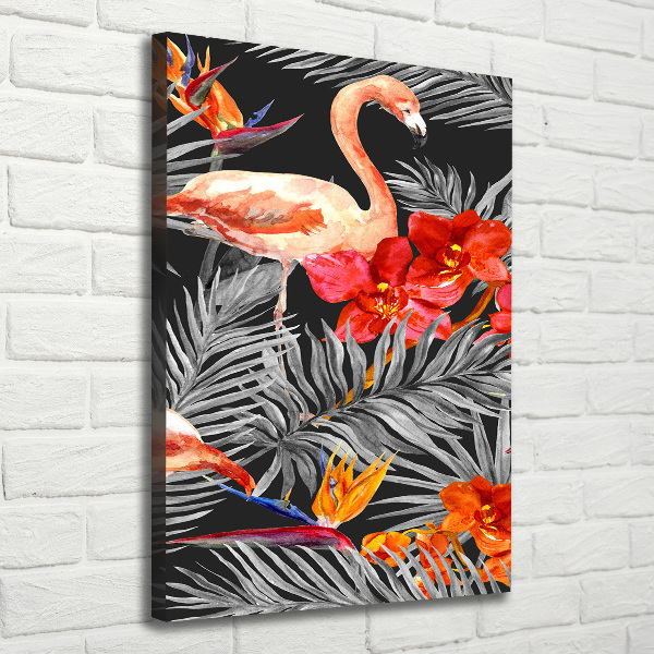 Verticaal schilderij op canvas Flamingo's en bloemen