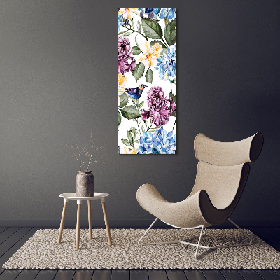 Verticaal schilderij op canvas Bloemen en vogels