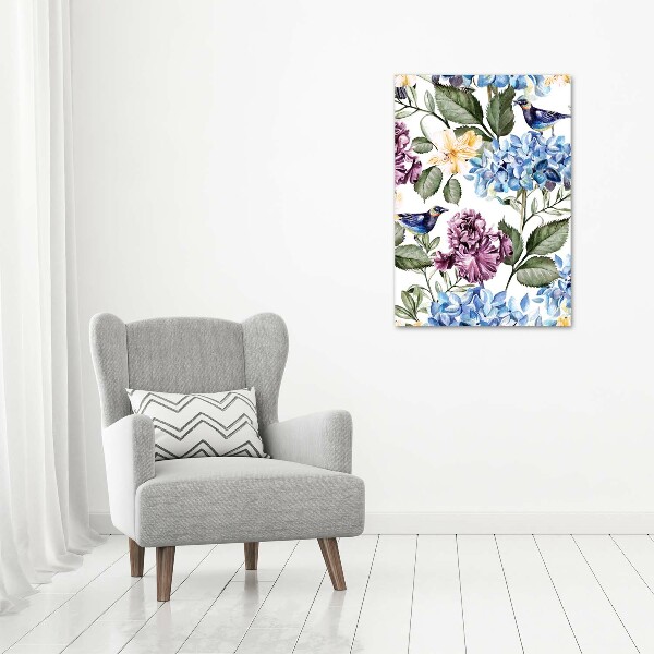 Verticaal schilderij op canvas Bloemen en vogels