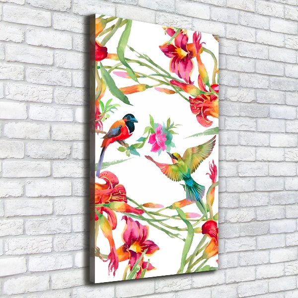 Verticaal schilderij op canvas Vogels en bloemen