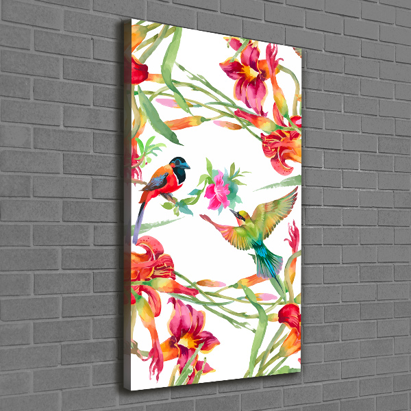 Verticaal schilderij op canvas Vogels en bloemen