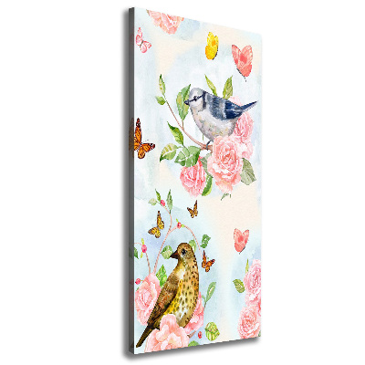 Verticaal schilderij op canvas Vogels, vlinders, rozen