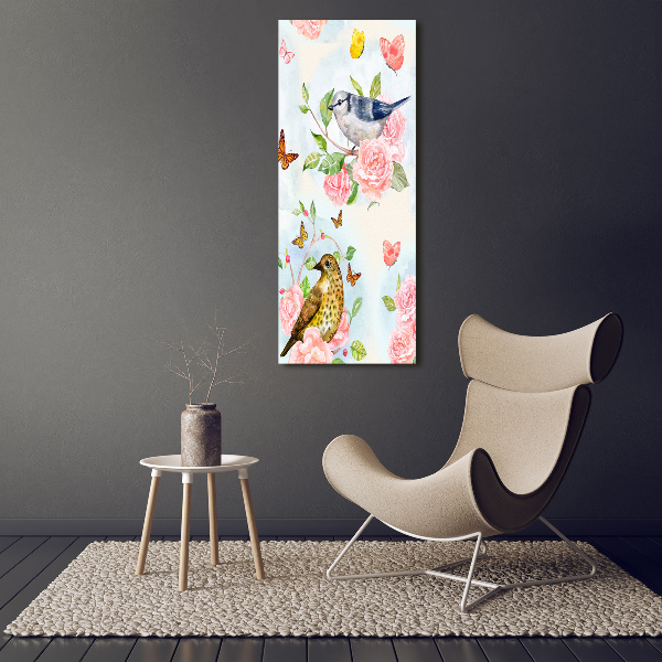Verticaal schilderij op canvas Vogels, vlinders, rozen